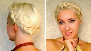 Dutch crown braid tutorial for medium long hair Milkmaid braids shoulder length updo hairstyle [upl. by Neelav]