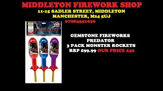 GEMSTONE FIREWORKS  PREDATOR ROCKETS  £40 MIDDLETON FIREWORK SHOP  UK  13G  ROCKET PACK [upl. by Geri]