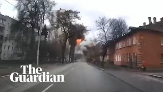 Russian strike caught on dashcam in Chernihiv Ukraine [upl. by Eenor]