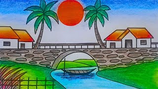 How to Draw Village Scenery 😍😍 Painting Easy Tutorial😍😍 Gramer Drisso Painting with bridge [upl. by Roberta796]