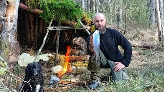 Building a Simple Survival Shelter amp Bushcraft Fish Smoker  Smoking Fish with My Dog Watching [upl. by Hillell945]