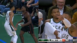 Giannis gets ejected for staring down Isaiah Stewart after dunk then sits in front row 😂 [upl. by Aicatsan]