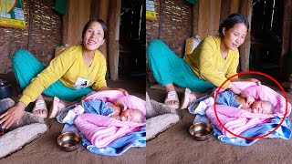 Manjita doing oil massage to baby girl UNISHA  Newborn baby girl in goat hutAloneAdhirajnepal [upl. by Cand677]