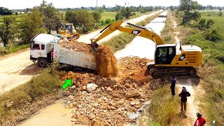 Starting a New project Dump truck 22ton Bulldozer Komatsu D65px push Soil delete canal water Exc… [upl. by Coucher]