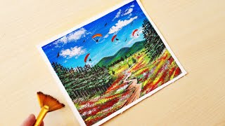 mountain painting canvas painting beautiful acrylic scenery [upl. by Kroy]