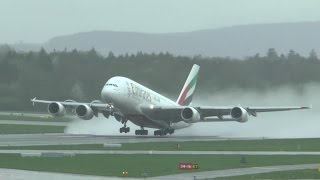 Emirates Airbus A380 awesome takeoff in rain at Zurich Airport [upl. by Acenahs]