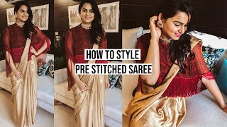 HINDI How To Style A Pre Stitched Saree For Party Diwali  Tie Stitched Pleated Saree 1 Minute [upl. by Ellehcsor]