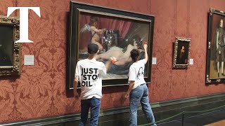 Just Stop Oil activists smash glass on painting at National Gallery [upl. by Reid179]