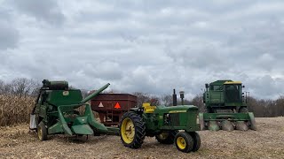 JOHN DEERE 3020 DIESEL AND MODEL 42 PULL TYPE COMBINE IN CORN ACTION [upl. by Silvia]