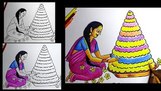 Bathukamma drawing step by step  how to draw bathukamma  bathukamma drawing easy  bathukamma [upl. by Ahsemrak353]