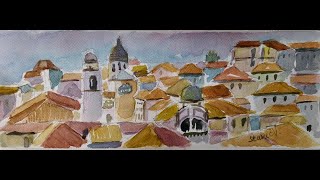 How to paint landscape Slikanje akvarelom krovovi grada Dubrovnik step by step painting tutorial [upl. by Danas]