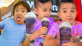 Ryans World and CKN Boys Calvin and Kaison Try the Grimace Shake Challenge in Real Life [upl. by Llehsam]