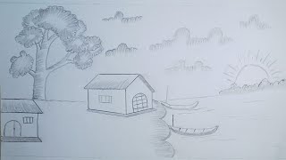 Village Scenery Drawing Gramer Drisso  Chobi Aka  Easy Art [upl. by Ranilopa]