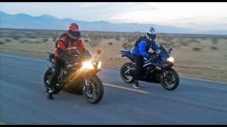 Suzuki GSXR 600 vs Yamaha R6  Onboard exhaust sounds top speed amp more [upl. by Atihcnoc250]