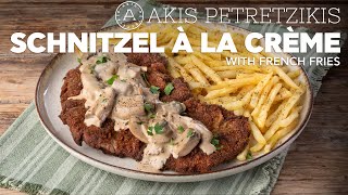 Pork Schnitzel A La Creme With French Fries  Akis Petretzikis [upl. by Deerc]