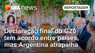 Declaração final do G20 no Brasil tem acordo entre países mas Argentina atrapalha  Raquel Landim [upl. by Aiclef780]