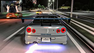 Fast amp Furious GTR R34 VS Mazda RX7 amp Supra MK4 Street Race  Assetto Corsa  Thrustmaster Wheel [upl. by Elleron]