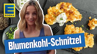 BlumenkohlSchnitzel  Vegetarisches Rezept mit paniertem Blumenkohl und Dip [upl. by Aselehc]