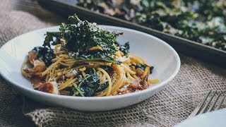 Roasted Garlic amp Caramelized Onion Kale Pasta with Spicy Parmesan Kale Chips [upl. by Venetis663]