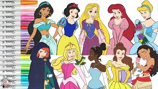 Disney Princess Coloring Book Compilation Ariel Tiana Merida Aurora Rapunzel Moana Jasmine Belle [upl. by Ralip964]