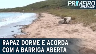 Homem amanhece com a barriga aberta em praia casal teria usado drogas  Primeiro Impacto 010222 [upl. by Adlaremse]