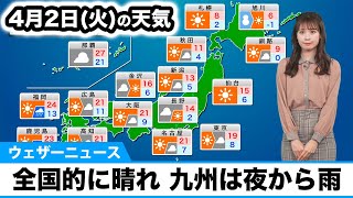 4月2日火の天気予報 全国的に晴れる所が多い 九州は夜から雨に [upl. by Nohsid]