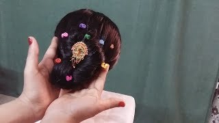 Indian Wedding Flip bun hairstyle with brooch in 5 minutes  Twisted Bun Hairstyle [upl. by Clerissa416]