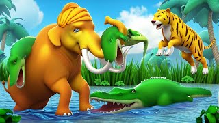 Epic Battle of Mammoth vs Crocodile  Mammoth to Save Tigers amp Farm Animals Cow Horse Buffalo Videos [upl. by Mandych]