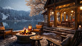 Winter Porch Ambience ❄️ Snowy Day with Smooth Jazz Music Snowfall and Crackling Fireplace to Relax [upl. by Heyer]