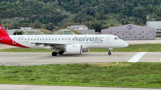 Embraer E190E2 HBAZG Helvetic Airways takeoff Sion airport Valais Switzerland 03102024 [upl. by Sartin796]