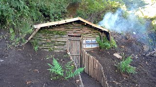 Bushcraft Dugout Shelters Build Warm Cabin with fireplace  solo bushcraft camping [upl. by Egwin709]