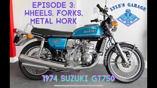 1974 Suzuki GT750 episode 3 wheels forks metal work [upl. by Wolfort858]