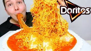 EXTREMELY CHEESY DORITOS FETTUCCINE ALFREDO RAMEN NOODLES • Mukbang amp Recipe [upl. by Descombes753]