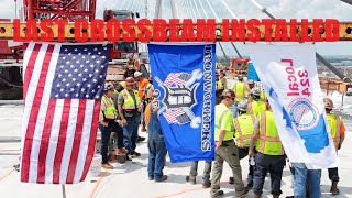 Ironworkers Local 25 Install The Last Steel Crossbeam  Gordie Howe International Bridge [upl. by Atiloj]