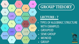 LECTURE 7  TYPES OF ALGEBRAIC STRUCTURE  GROUPOID  SEMI GROUP  MONOID amp GROUP  GROUP THEORY [upl. by Gula49]