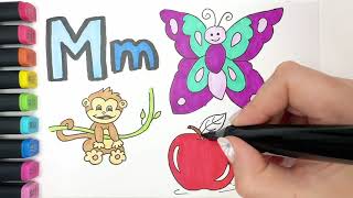 La Letra M 🦋🐵🍎 Aprender dibujando y coloreando 🎨 [upl. by Aileduab]