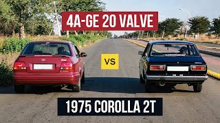 Toyota 20 VALVE RXI 4AGE vs 1975 Corolla 2T  DRAG RACE ROLLING REV BATTLE [upl. by Wilmott534]