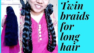 LONG TWIN BRAID HAIRSTYLE WITH RIBBONSSCHOOL HAIRSTYLE [upl. by Nynahs]