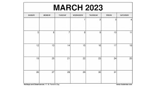 Printable March 2023 Calendar Templates with Holidays  VL Calendar [upl. by Huntlee346]