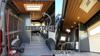 🚐 Decke mit Leichtbauholz in Bambus Optik verkleiden und Duschkabine im Fiat Ducato Campervan bauen [upl. by Nedle]