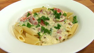 Penne Pasta Carbonara met hamblokjes prei en cherrytomaten  recept [upl. by Aenaj]