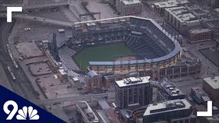 Aerial view of Coors Field in downtown Denver Colorado [upl. by Eilujna]