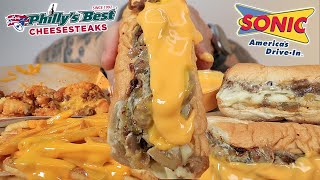 MUKBANG EATING PHILLYS BEST PHILLY CHEESESTEAKS CHEESE FRIES SONIC CHILLI CHEESE TATER TOTS ASMR [upl. by Nathanson]