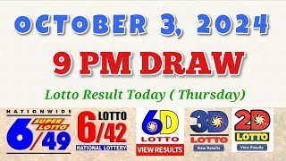 Lotto Result Today 9pm draw October 3 2024 649 642 6D Swertres Ez2 PCSO [upl. by Llertnac]