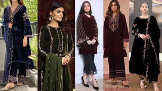 Plain Velvet Suit Designs 2024  Winter Dress Designs with Laces [upl. by Ingham]