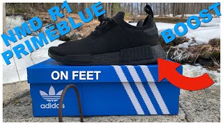 Adidas Boost NMD R1 Primeblue on Feet Core Black  Core Black  Core Black [upl. by Estey]