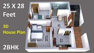 25 x 28 feet house plan amp 3d elevation  25 x 28 ghar ka naksha  2 bedroom house design  Plan 11 [upl. by Sorodoeht]