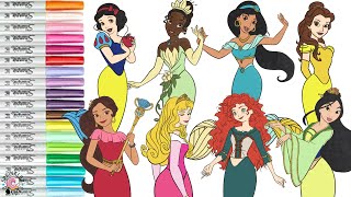 Disney Princess Coloring Book Compilation as Mermaids Ariel Tiana Belle Merida Mulan Jasmine Elena [upl. by Ritch]