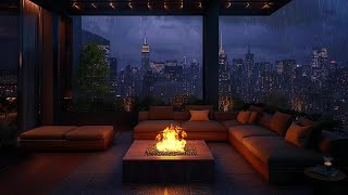 New York Balcony Rain  Crackling Fire Thunderstorm Ambiance for Sleep amp Focus [upl. by Southard]