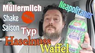 Müllermilch Shake Saison Typ Haselnuss Waffel Neapolitaner Review und Test [upl. by Sandeep]